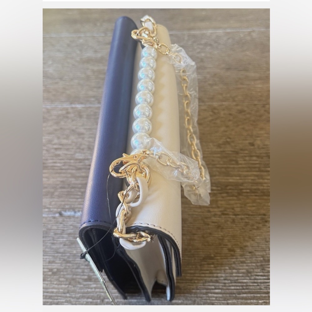 Badgley Mischka TWO COLORED BAG! Half Navy/White Pearl Accents/crossbody chain.